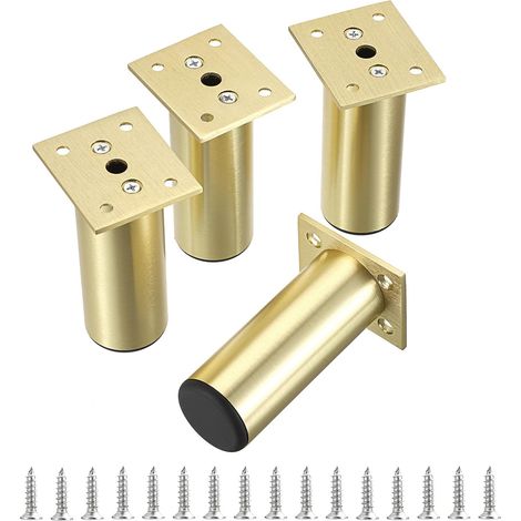 Juego de 4 patas de 10 cm de aleación de aluminio para muebles, ideales para sillas, mesas, armarios, escritorios y sofás. Incluyen tornillos, son de fácil montaje, redondas y de color dorado. (1/5)