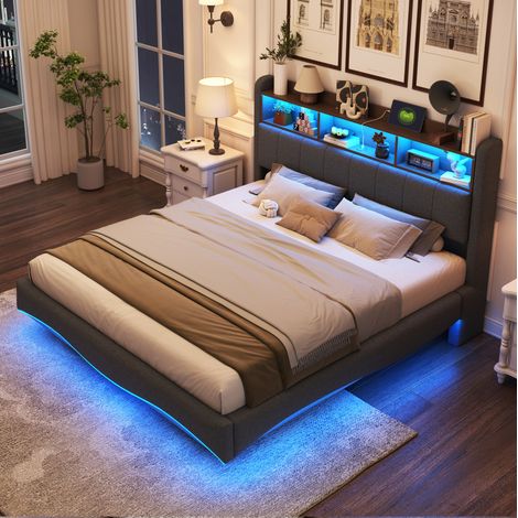 Letto imbottito sospeso 160x200 cm grigio, struttura in metallo con LED e USB (1/5)