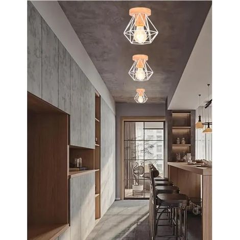 U-do 3pcs Plafonnier Vintage Lustre en Cage Industriel en Bois Métal Lampe de Plafonde Style Edison pour Salon Chambre (1/4)