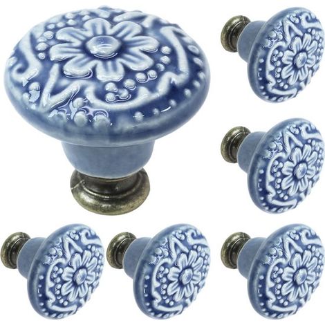 Boutons de tiroir – Boutons de meuble – Boutons de porte – Boutons de tiroir décoratifs vintage – Céramique à motif floral – Lot de 6 pièces avec vis – Fixation universelle – Design rétro en forme de (1/5)