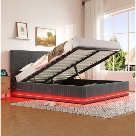 Letto imbottito in tessuto corduroy grigio scuro 140x200 cm con LED, USB-C, testiera regolabile e rete inclusa (1/5)
