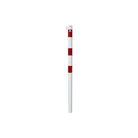 Schake Absperrpfosten aus Stahlrohr verzinkt Ø42x2,5mm weiß mit rot reflektierenden Leuchtstreifen und Kunststoffkappe 900mm Überflur zum Einbetonieren mit Erdanker 1 Öse
