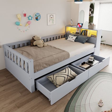 Letto singolo multifunzione in legno 90 x 200 cm grigio con cassetti, contenitore, LED e presa (1/5)