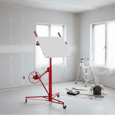 Elevador de placas de yeso, 68 kg, altura 140-350 cm, inclinación 60°, acero rojo (1/5)