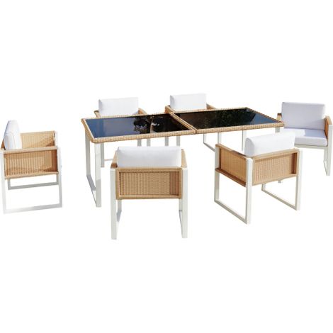 Polyrattan Gartenmöbel Set 6 Personen, Outdoor Essgruppe Rattan mit Tisch und 6 Sesseln, Glasplatte, Waschbare Bezüge, Braun/Weiß