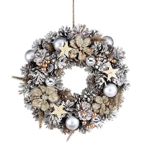 Ghirlande natalizie da appendere di pigne glitterate con palline, fiori e stelle, Ø 30 cm - Interna: Ø 7 cm