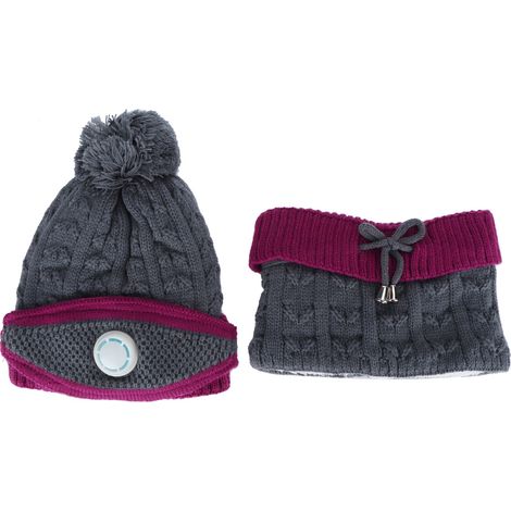 3-teiliges Set Damen Strickmütze Schal Mundschutz Nackenwärmer Wintermütze Kleidung Accessoires (Grau und Lila) (1/5)