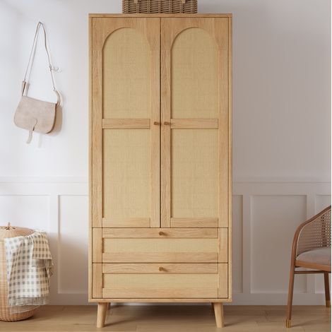 MODFU – Armadio contenitore 80x50x180 cm in MDF con ante effetto rattan, appendiabiti, mensole, 2 cassetti, carico 50 kg e certificazione FSC – Naturale (1/5)