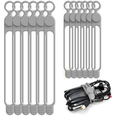 Set di 12 fascette in silicone (10 cm e 18 cm) - Riutilizzabili - Per casa, ufficio, cucina, scuola e viaggi - Grigio (1/5)