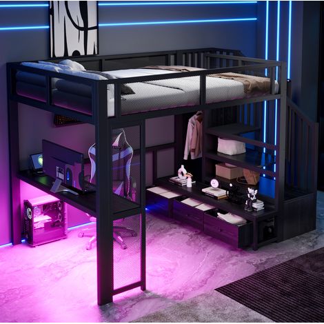 Letto a soppalco 140/200 cm nero in metallo con scrivania, armadio aperto, LED e USB (1/5)