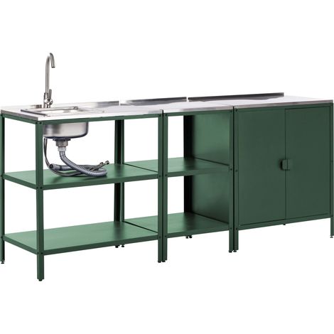 Ensemble de Cuisine en Acier Inoxydable 2 Ilots et 1 Meuble d'Extérieur avec Évier à Levier Unique Vert Vilama (1/5)