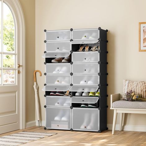 Woltu – Lot de 16 boîtes de rangement chaussures empilables – 32 paires – Panneaux en PP inodores – Dimensions 94x37x159cm – Noir (1/5)