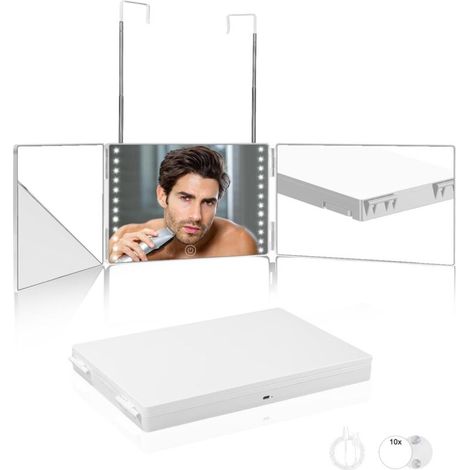 360° LED Hairdressing Mirror, Three-Sided Folding Mirror with 10x Magnification for Hairstyling, Shaving and Makeup (White) (1/5)