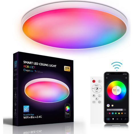 Intelligente 30-W-LED-Deckenleuchte für Schlafzimmer, RGB-Farben (16 Millionen Farben), einstellbare Farbtemperatur von 2700 K bis 6500 K, App-Steuerung, 30 x 30 x 5,5 cm (1/5)