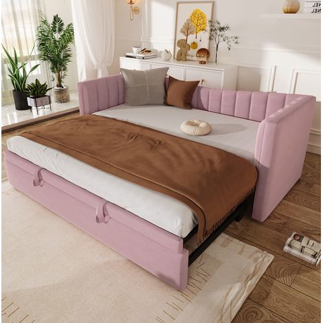 Letto estraibile 90x200 cm rosa in velluto e MDF con secondo posto letto (1/5)