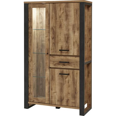 KORA - Vitrine 3 Portes Aspect Bois et Métal Poudré Noir (1/3)