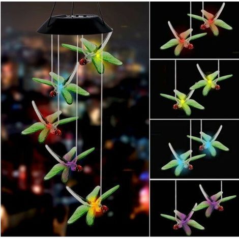 Carillons éoliens LED libellule, carillons éoliens solaires à changement de couleur extérieur étanche vent mobile lumières solaires décoration pour jardin cour patio maison cadeaux pour maman femme (1/4)