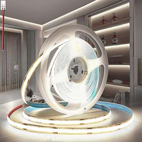 COB LED Strip 12V, 5M Cool White 6000K Cuttable Flexible 320LED/M, CRI90, for Bedroom, Home Decoration (No Power) (1/5)