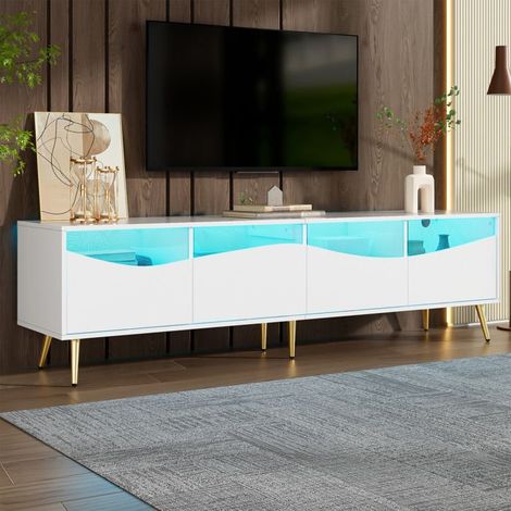 Moderner TV-Schrank, 180 x 40 x 50 cm, mit LED-Beleuchtung, 4 Schubladen, weiße Struktur, goldene Metallfüße, Wohnzimmermöbel.