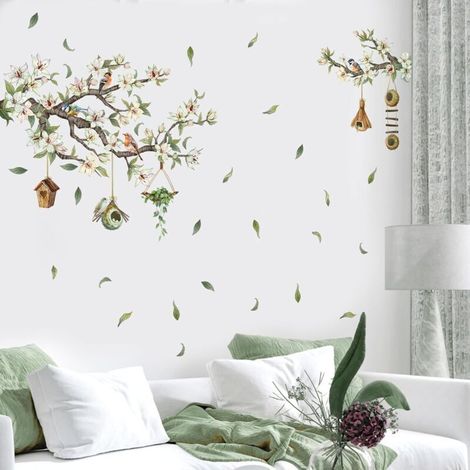 CSPARKV Oiseaux sur Branche Sticker Muraux Grandes Branches Fleuries Oiseaux Stickers Mural Décorations Autocollants Murales Auto-adhésives et Amovibles pour Salon Chambre Bureau Canapé Fond TV Murale (1/4)