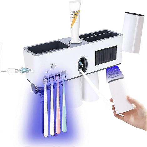 Porte-brosse à dents stérilisant UV pour salle de bain, fixation murale, avec distributeur de dentifrice et lumière LED UVC. (1/3)
