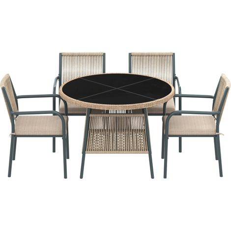 Set de jardin moderne 5 pièces – Table ronde en verre trempé + 4 chaises avec accoudoirs, cadre en fer, dossier tressé en corde, coussins inclus – Idéal pour terrasse, balcon et deck
