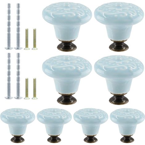 Lot de 8 boutons de placard de cuisine vintage en céramique bleu clair (1/5)