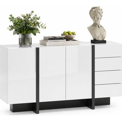 Credenza bianca lucida moderna con 2 ante e 4 cassetti, mobile contenitore elegante facile da pulire per soggiorno, sala da pranzo o camera, CHICFURN (1/5)