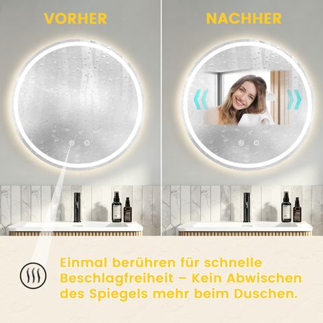 Miroir de salle de bain rond 80×80cm avec éclairage, miroir cosmétique mural, anti-buée, 3 températures de couleur réglables et lumière à intensité variable, miroir intelligent pour une décoration int (1/4)