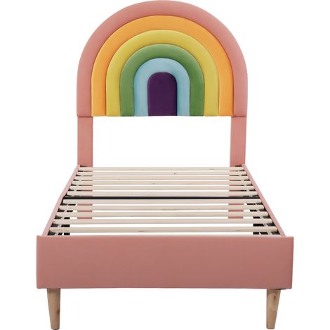 Lit rembourré 90 x 200 cm en velours rose avec sommier à lattes, tête de lit réglable, HOMVRA (1/5)