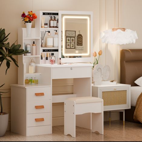 Coiffeuse - Coiffeuse avec miroir lumineux LED réglable, tabouret, 4 tiroirs et 5 étagères, 80x36x132 cm, blanc