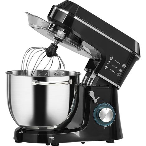 Robot pâtissier planétaire 1400 W avec bol de 7 L, 6 vitesses, crochet pétrisseur, fouet et batteur, noir