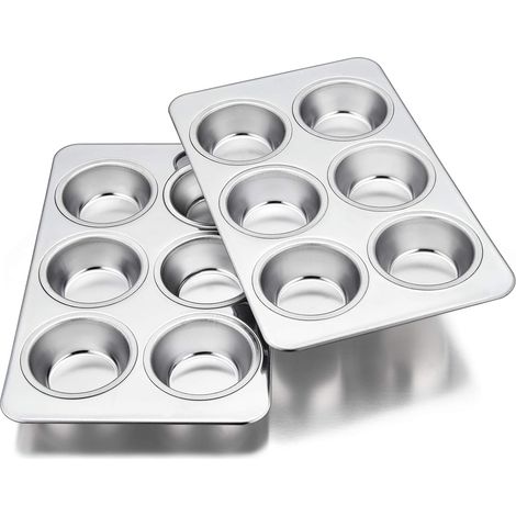 Lot de 2 Moules à muffins, Acier inoxydable, 29x18 cm, 6 cavités, Four, Lave-vaisselle (1/5)