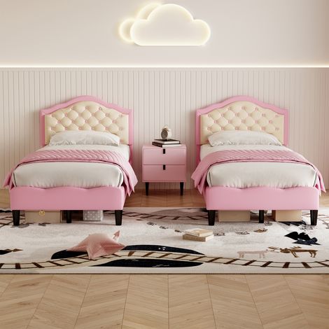 3ft Single Upholstered Bed Frame with Adjustable Button-Tufted Headboard,PU Leather,Solid Wood Slats,Pink&Beige