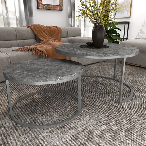 Couchtisch Marmoroptik, Beistelltisch für Wohnzimmer, Durchmesser 80 + 60 cm, Großer runder Tisch, MDF, Tischplatte grau mit Rahmen grau