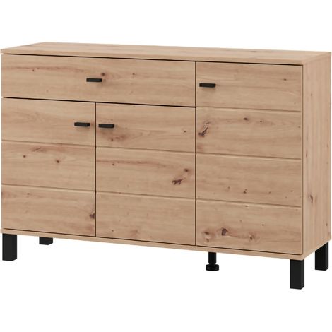 Anrichte Uyuni, Kommode mit Schublade, 3 Regale, Klappe, Schiebetür, 116x35x78h cm Eichenholz Braun