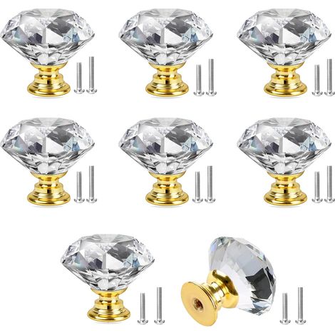 Bouton De Porte Diamant 8 Pièces Poignee De Meuble Diamant Poignées Boutons Diamant Cristal Bouton De Meuble Cristal Avec Vis Pour Tiroir Placard Cuisine Accueil 25mm (Doré, Transparent) (1/5)