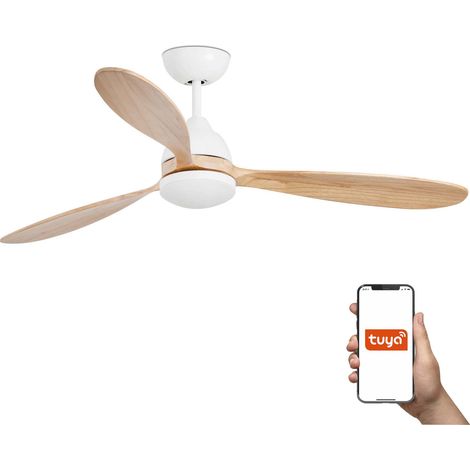 Faro Poros Grand ventilateur de plafond à 3 pales, blanc mat, pin, avec éclairage 2700 K, système intelligent Tuya (1/5)