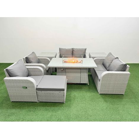 Fimous 7 Seater Outdoor Reclining Chair Love Sofa Set Rattan Garden Furniture Set with Firepit Dining Table Footstool 2 Side Tables Light Grey (1/4)