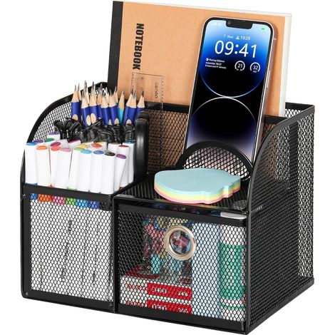 1 Organisateur de bureau, 3 compartiments, tiroir coulissant, support téléphone, acier, pour papeterie, école, maison (1/5)