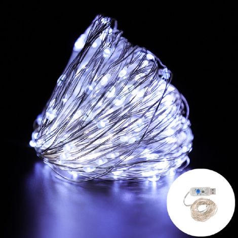 Chaine chaine de 2,2 m se'rie de 20 lumie'res microled blanc glacier avec fil de cuivre et prise USB avec divers effets lumineux pour l'inte'rieur et l'exte'rieur Bianco Ghiaccio 2.2 metri - 20 microl