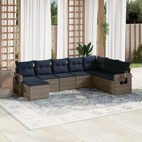 Ensemble canapé de jardin 8 pièces en résine tressée grise avec coussins bleu marine - PANGIVO (1/5)