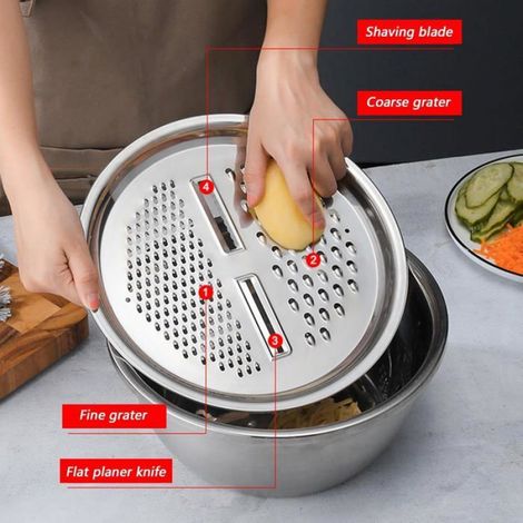 Ensemble de bassins multifonctions acier inoxydable 3-en-1, passoire essoreuse salade et râpe pour légumes fruits riz cuisine (1/5)