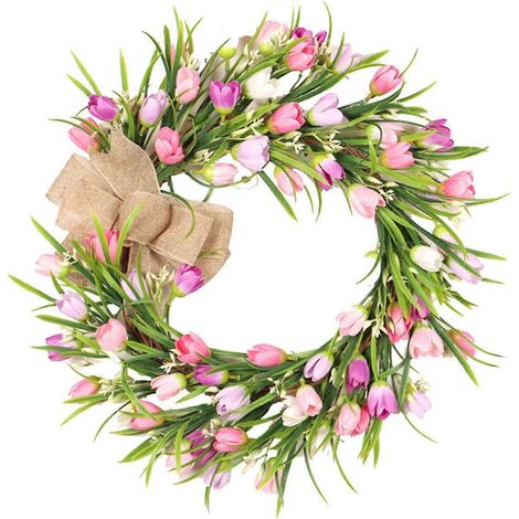 Couronne artificielle de tulipes de 40 cm (16 pouces) pour porte d'entrée, couronne de fleurs en soie printanière (1/2)