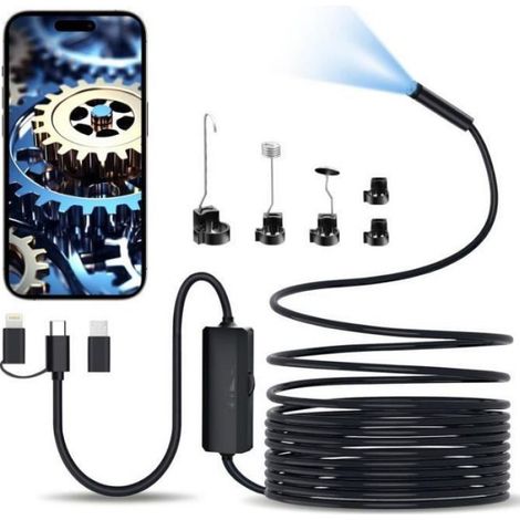 Caméra Endoscope - 1920P - Câble Semi-Rigide 5 M - Étanche IP67 - 6 LED Réglables - Compatible Type-C/Micro-USB/Lightning - 1 Pièce (1/5)
