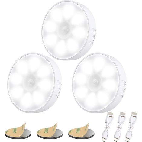 [Pack of 3] USB Rechargeable Automatic LED Night Light,6000K Induction Night Light & 8 LEDs & 400mAh Battery,Motion Sensor Lamp,LED Adhesive Lamp with Magnetic Base [Energy Class A] (1/5)