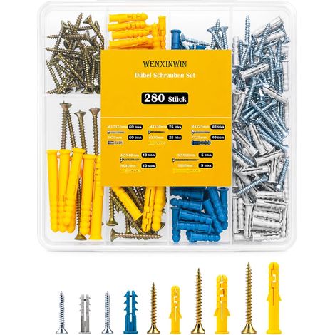 Lot de 280 chevilles et vis pour cloison sèche avec vis pour cloison sèche - Chevilles creuses pour fixation dans le béton, la brique, la pierre, le plâtre (1/5)