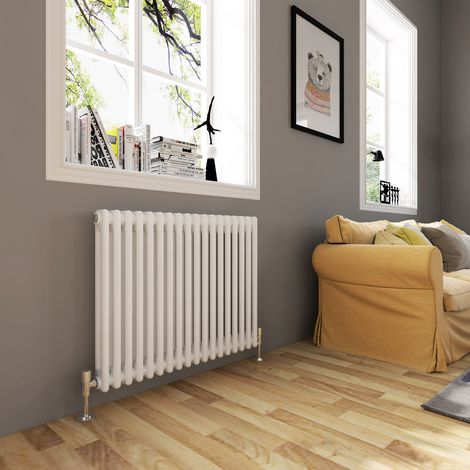 ELEGANT 600 x 830mm Double Bar Traditional Horizontal Column Radiator White with Angled Radiator Valves (1/5)