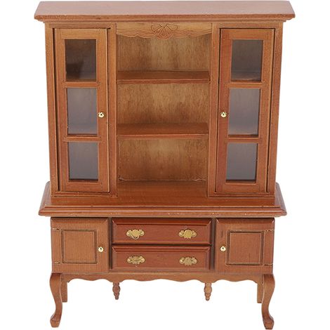 Armoire miniature en bois 1/12 pour maison de poupée, bibliothèque avec porte ouvrable et tiroir, meuble salon marron. (1/5)