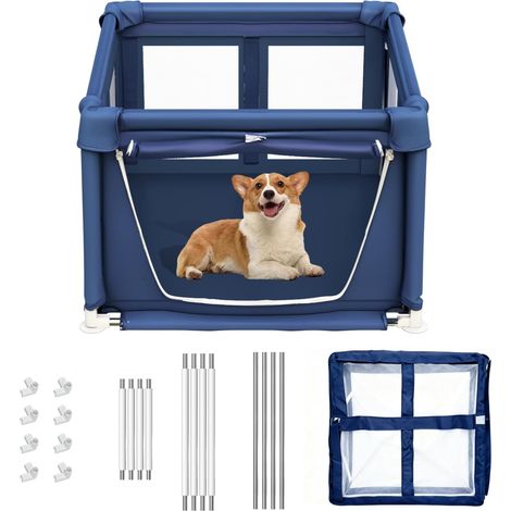 Parc pour Chiots, enclos pour Chiens de Petite Taille, Parc de sécurité pour Animaux de Compagnie avec Tissu renforcé, Filet en Nylon et Tubes en Acier Inoxydable (Blue, 90x90x66cm, 5) (1/5)